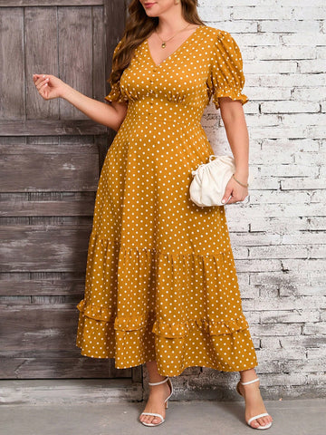 Get ready to turn heads in this chic yellow polka dot plus size maxi dress! The ruffle hem adds a touch of romance, making it perfect for vacations or elegant outings. With its flattering fit and playful print, this dress is sure to make you stand out in the best way possible.