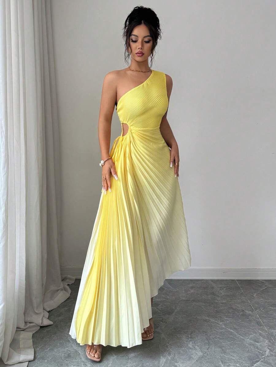 Elevate your wardrobe with this stunning yellow sleeveless dress that combines modern sophistication with effortless style. The asymmetrical neckline creates a flattering, contemporary silhouette, while delicate pleating adds texture and dimension throughout. The ombre effect transitions beautifully across the fabric, giving you a dynamic look that works for both casual outings and special occasions.
