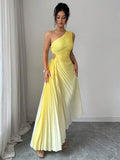 Elevate your wardrobe with this stunning yellow sleeveless dress that combines modern sophistication with effortless style. The asymmetrical neckline creates a flattering, contemporary silhouette, while delicate pleating adds texture and dimension throughout. The ombre effect transitions beautifully across the fabric, giving you a dynamic look that works for both casual outings and special occasions.