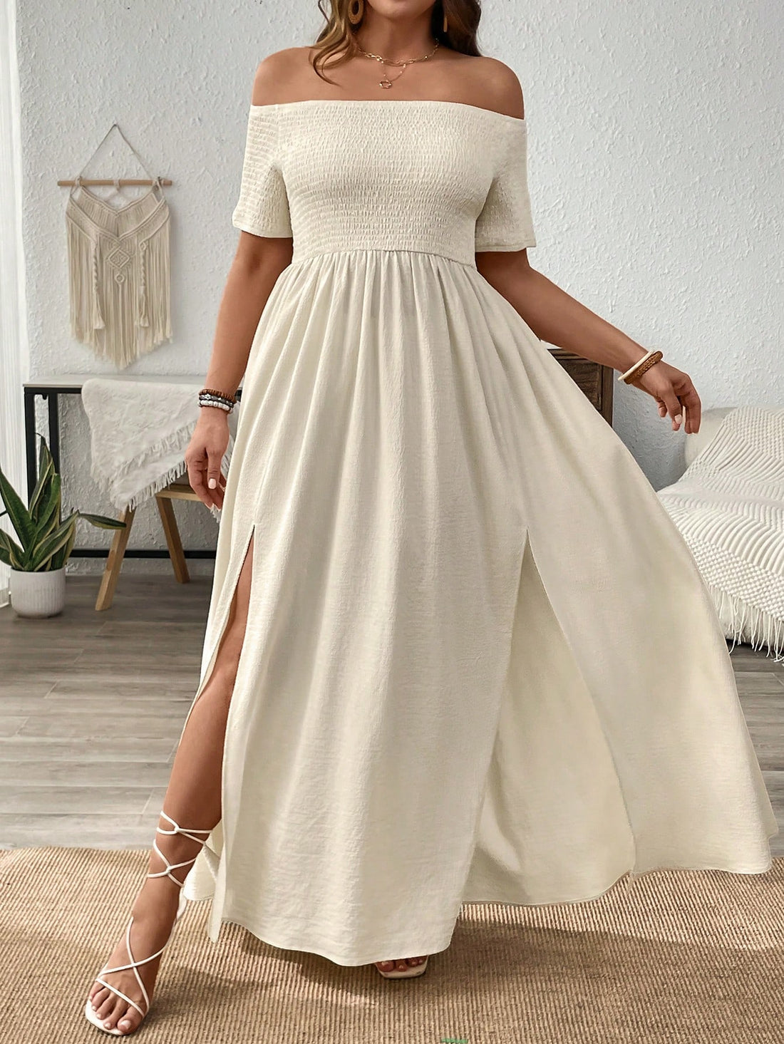 Unleash your vacation vibes with the Chic and Comfortable: Plus Size Off-Shoulder Cable Knit Split Hem Dress. The off-shoulder design and cable knit fabric provide ultimate comfort, while the split hem adds a touch of chic style. Perfect for any getaway!
