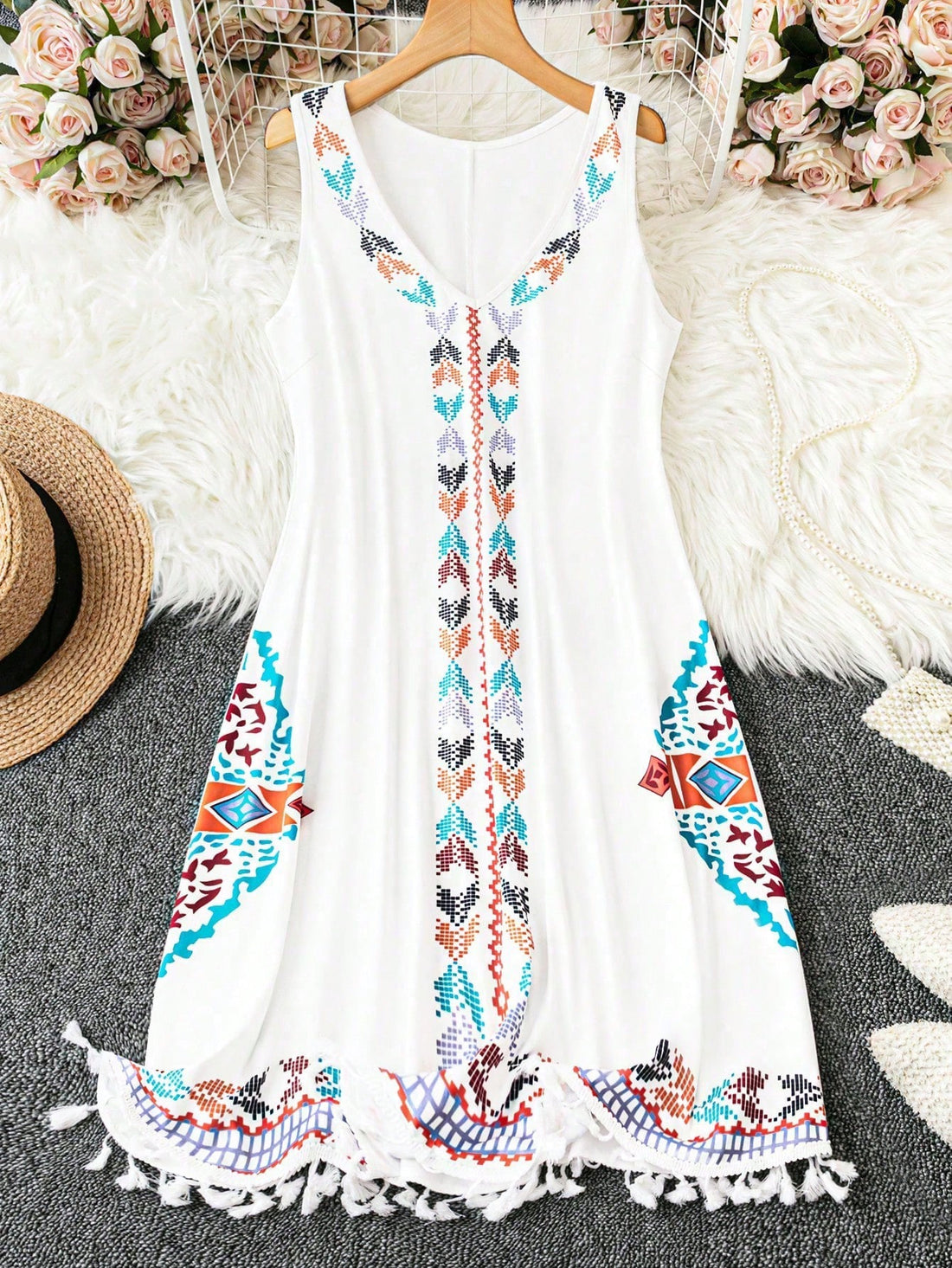 This Chic and Comfy plus size dress features a bold geometric print that is perfect for summer. The V-neck and fringed hem add a touch of style, while the loose and flowy fit provides ultimate comfort. Look fabulous and feel confident in this playful and stylish dress.