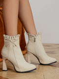 These Chic and Elegant boots feature a stylish ruffle trim and bow decoration on the point toe, giving them a touch of sophistication. The heel provides both height and comfort, making them perfect for any occasion. Add a touch of elegance to any outfit with these boots.