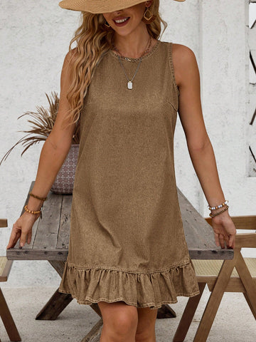 Unleash your inner chic and playful side with our Women's Summer Sleeveless Denim Dress! Featuring a stylish ruffled hem and a button back, this dress is perfect for adding a touch of fun to your summer wardrobe. Stay cool and stylish in this must-have piece.
