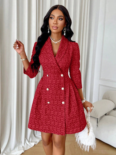 Elevate your wardrobe with our Chic and Sophisticated Double-Breasted Pleated Hem Blazer Dress. Its classic design, refined pleated hem and double-breasted front exude elegance and style. Made from quality materials, this dress is perfect for any formal occasion.