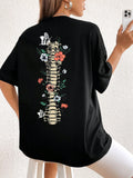 Introducing the Chic and Spooky: Floral Skeleton Print Drop Shoulder Tee. This t-shirt boasts a unique floral skeleton print, perfect for adding a touch of edge to any outfit. Its drop shoulder design offers a fashionable and comfortable fit. Get ready to stand out with this chic and spooky tee.