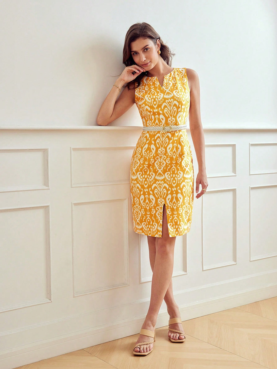 Upgrade your wardrobe with our Chic and Stylish allover print dress. With a fashionable notch neck and flattering split hem design, this dress is the perfect combination of style and comfort. Elevate your look with this must-have piece.