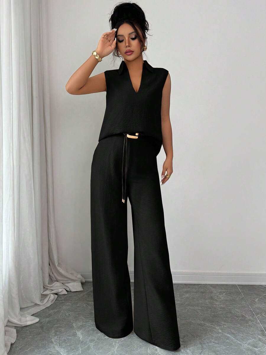 Elevate your wardrobe with this effortless two-piece set that does the heavy lifting for you. The flattering V-neck top pairs perfectly with high-waisted, belted straight-leg pants that elongate your silhouette and transition seamlessly from brunch to dinner. Crafted for spring and summer comfort, this versatile combo works solo or layered, making it your go-to for looking put-together without overthinking it. Simple, chic, and ready for anything.
