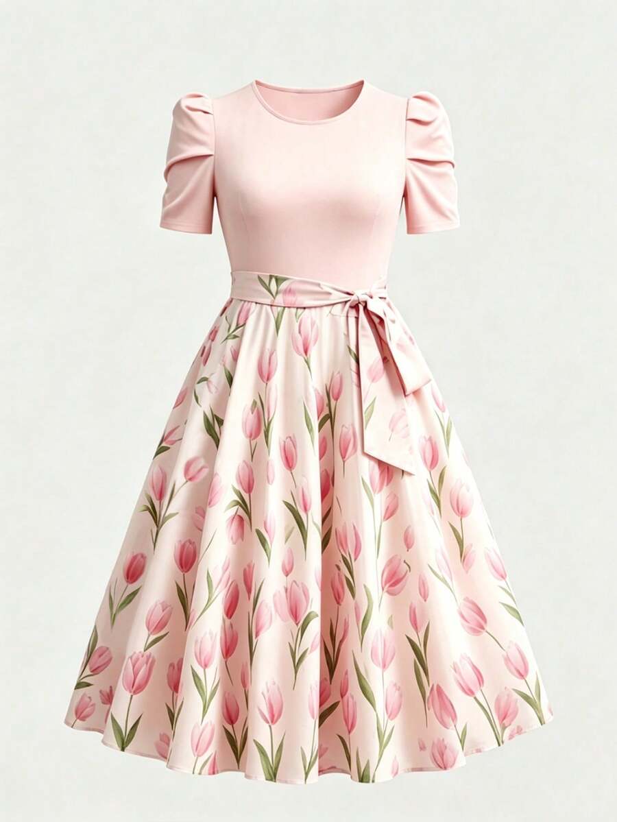 Pink puff-sleeve fit-and-flare dress with tulip print skirt front view