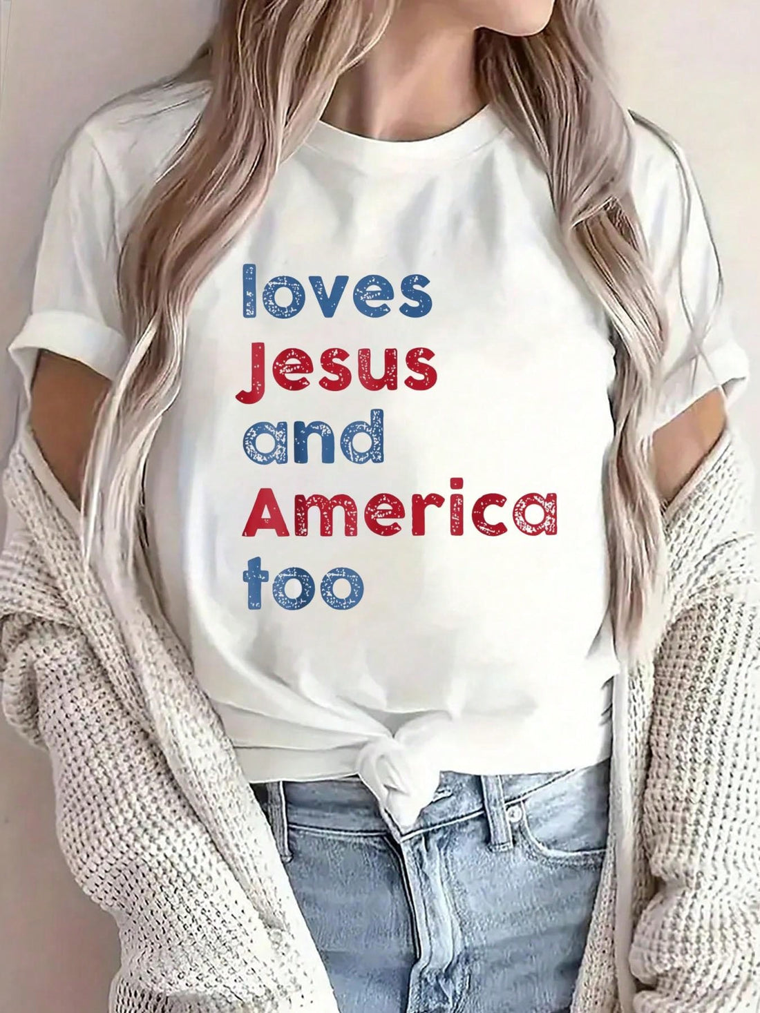 Celebrate summer and faith with this playful Christian 4th of July T-shirt for women. Featuring a vibrant "Jesus Loves America" graphic, it’s perfect for showing your patriotic spirit and love for Jesus during the holiday season. Made for comfort and style, this tee is an ideal choice for sunny days, barbecues, and fireworks. Add a joyful touch to your summer wardrobe with this spirited and fun graphic tee.