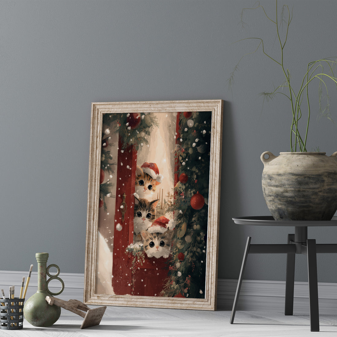 Three Christmas Kittens Printable Wall Art, Cute Santa Hat Cats Poster, Cozy Holiday Kitten