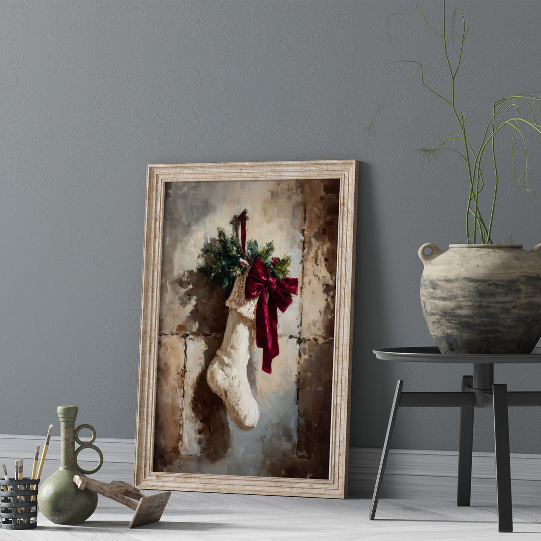 Christmas Stocking Printable Wall Art, Rustic Holiday Stocking Decor, Cozy Vintage Christmas Illustration