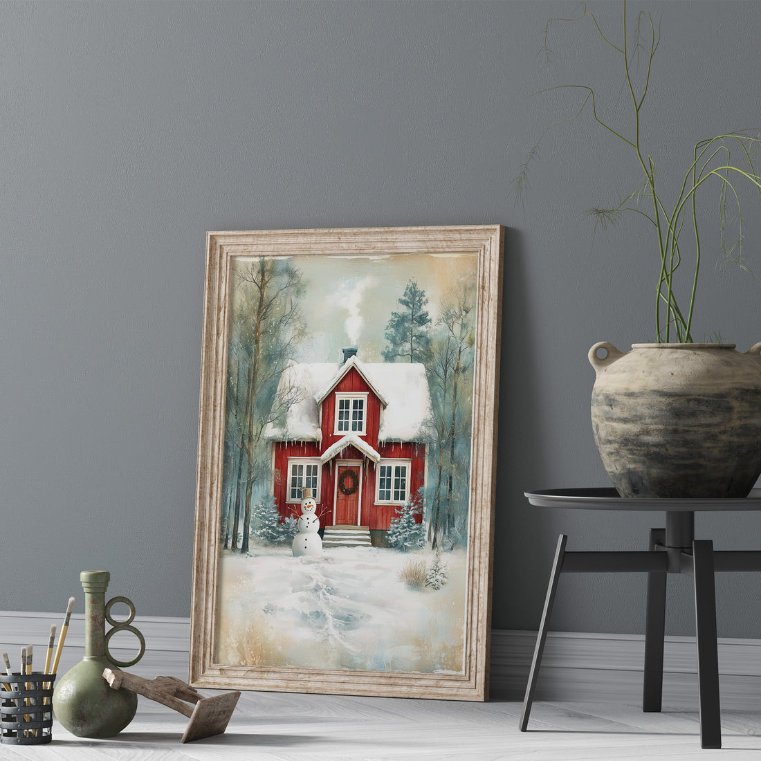 Snowy Red Cabin Printable Wall Art, Winter Cottage Illustration, Cozy Christmas House Decor, Rustic Holiday Landscape