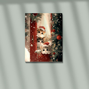 Three Christmas Kittens Printable Wall Art, Cute Santa Hat Cats Poster, Cozy Holiday Kitten