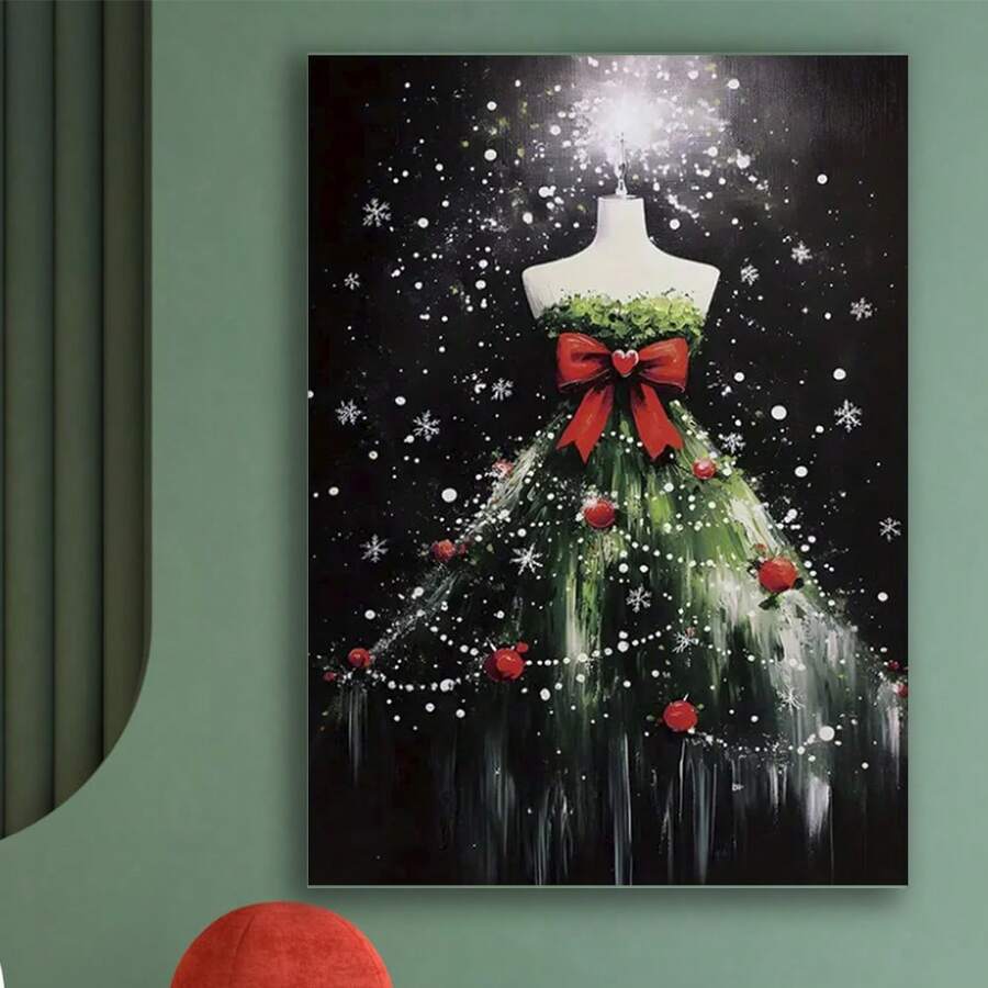 Portrait Christmas canvas print with green tree dress, red bow, ornaments and snow on a black background, styled on a sage wall