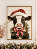 Christmas Cow Canvas Wall Art with Santa Hat and Buffalo Plaid Bow Farmhouse Decor
