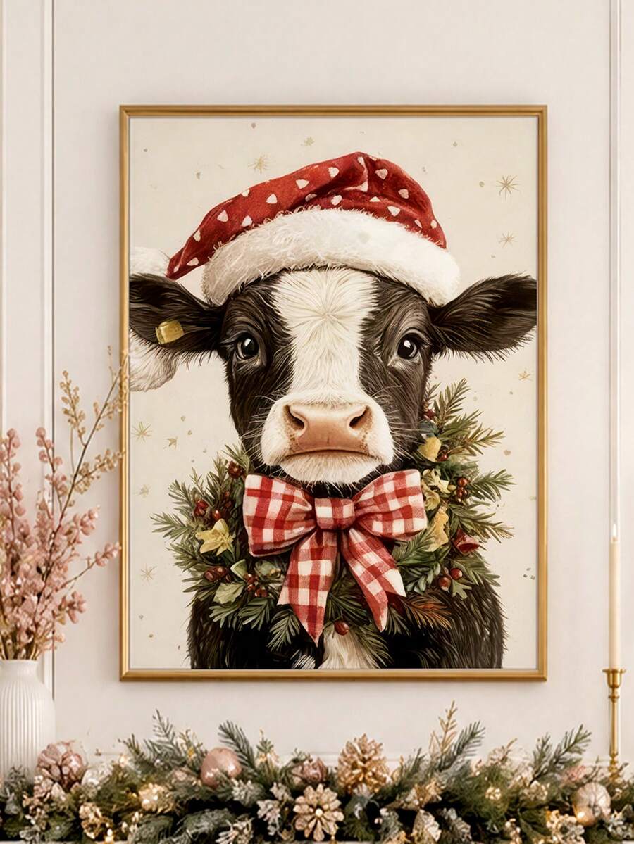 Christmas Cow Canvas Wall Art with Santa Hat and Buffalo Plaid Bow Farmhouse Decor