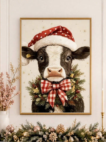 Christmas Cow Canvas Wall Art with Santa Hat and Buffalo Plaid Bow Farmhouse Decor