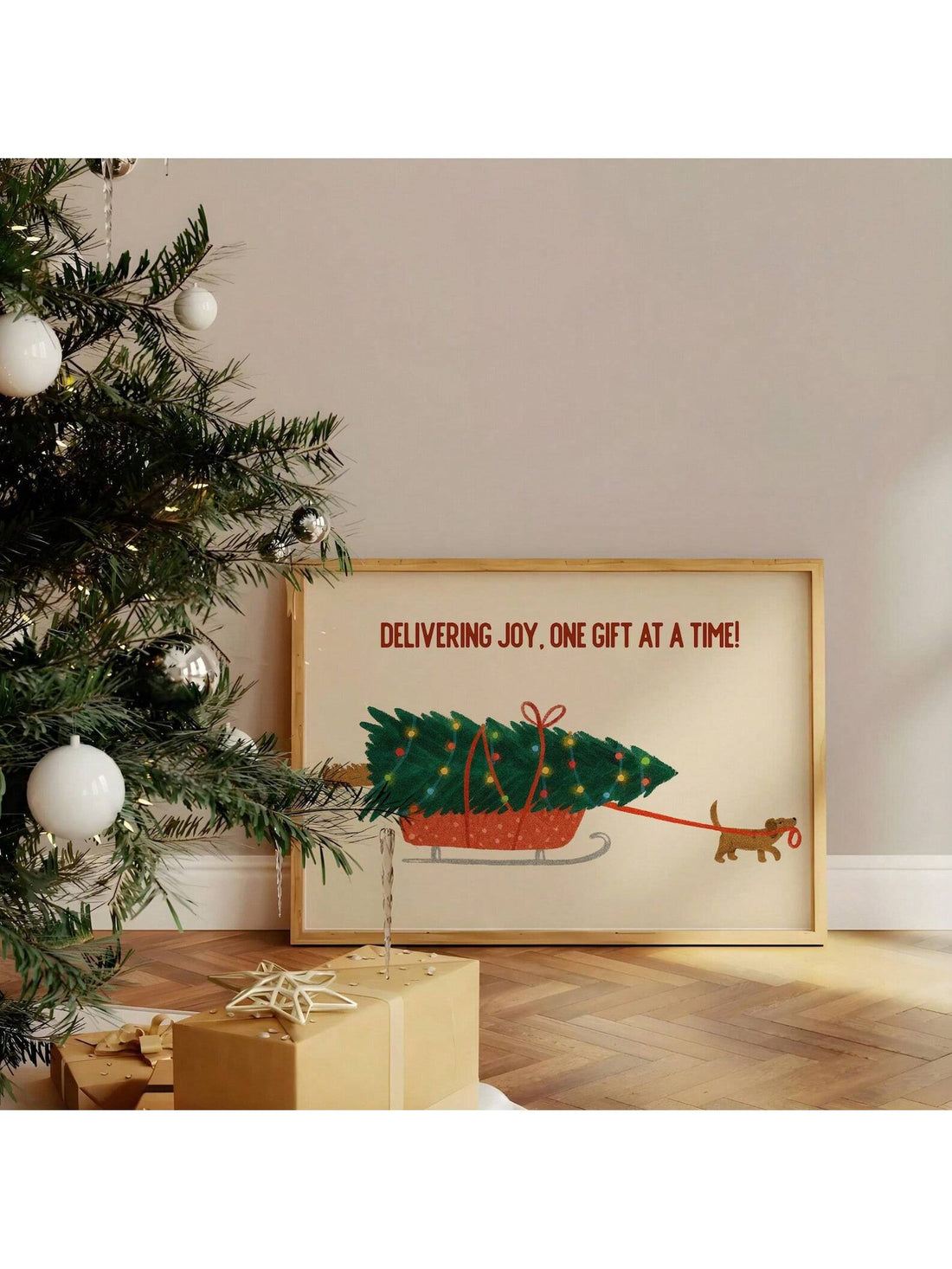 Bring holiday magic to your walls with this charming Christmas dog sled wall art! Watch adorable pups dash through snowy scenes in this frameless festive design that captures the joy and warmth of the season. Perfect for living rooms, bedrooms, or any space craving a playful touch of yuletide cheer, this delightful puppy decor spreads smiles and seasonal spirit. Easy to hang and instantly festive, it's the paw-fect way to celebrate with furry friends all winter long.