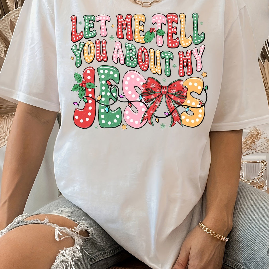 Spread Christmas joy with this women's holiday print t-shirt! Made of high-quality, comfortable polyester knit, this t-shirt features a festive print that will brighten up any holiday outfit. Perfect for celebrating the season or as a unique gift for loved ones. Get yours today and add some cheer to your wardrobe.