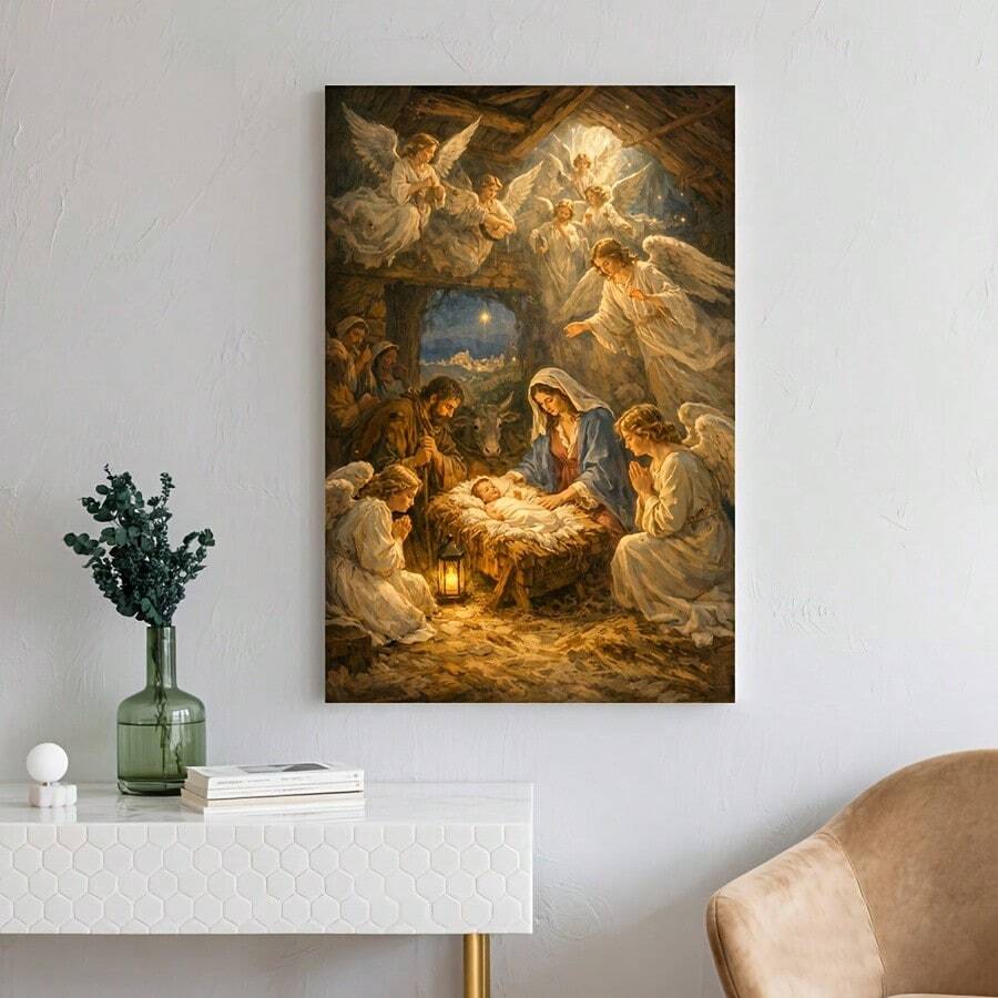Nativity canvas above a white console, showing baby Jesus, Mary, Joseph and angels in a warmly lit stable