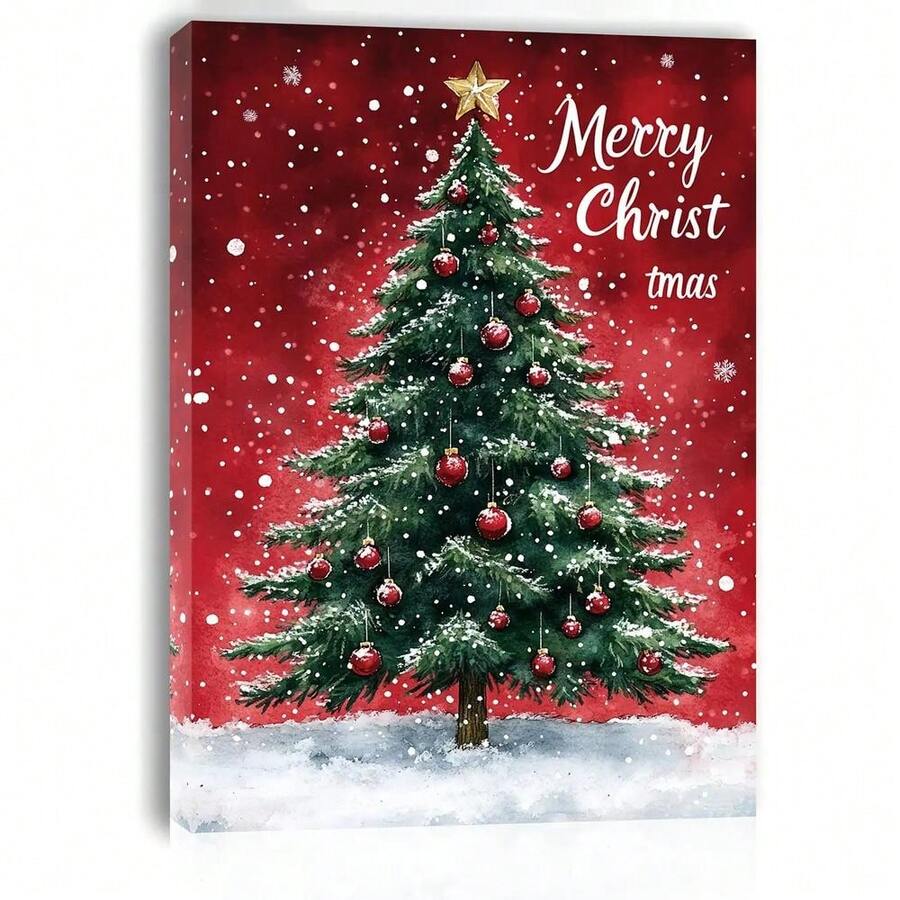Merry Christmas tree canvas art with red ornaments and gold star