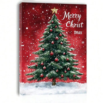 Merry Christmas tree canvas art with red ornaments and gold star
