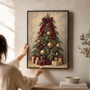 Decorate for the holidays with Christmas tree canvas wall art featuring an elegant red bow and gift, perfect for cozy farmhouse winter decor.