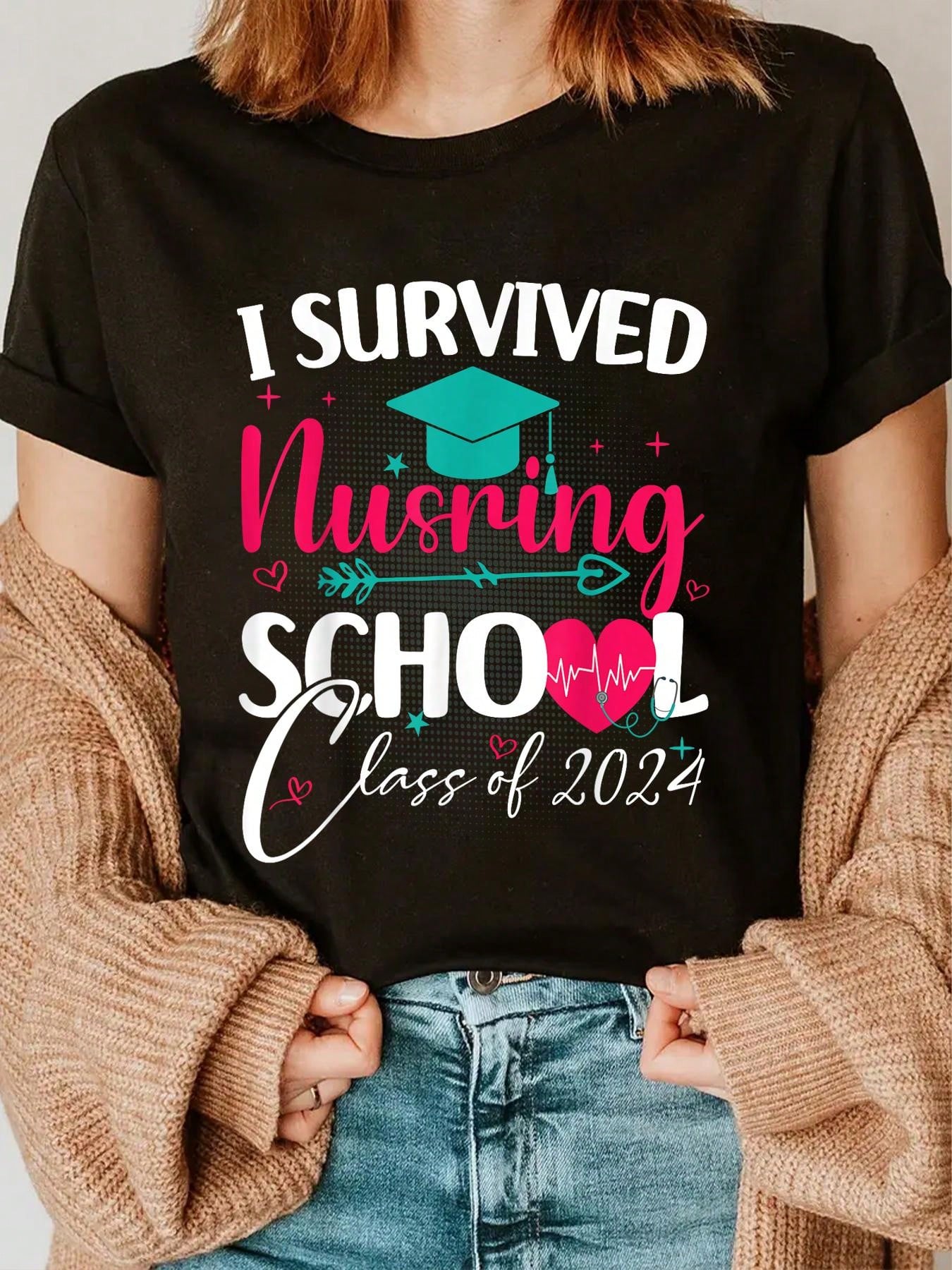 "Show off your hard-earned title with this Nurses Graduation T-Shirt! Featuring a playful graphic and a clever slogan, this tee is perfect for those who have survived the tough journey of nursing school. Plus, it's a great conversation starter for all the future nurses out there!
