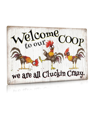 Welcome your feathered friends with our Cluckin' Crazy metal sign! This vintage farmhouse wall art is perfect for chicken coops and henhouses. Made from durable metal, it's built to weather the elements and add character to your farm. Get ready to cluckin' love it!