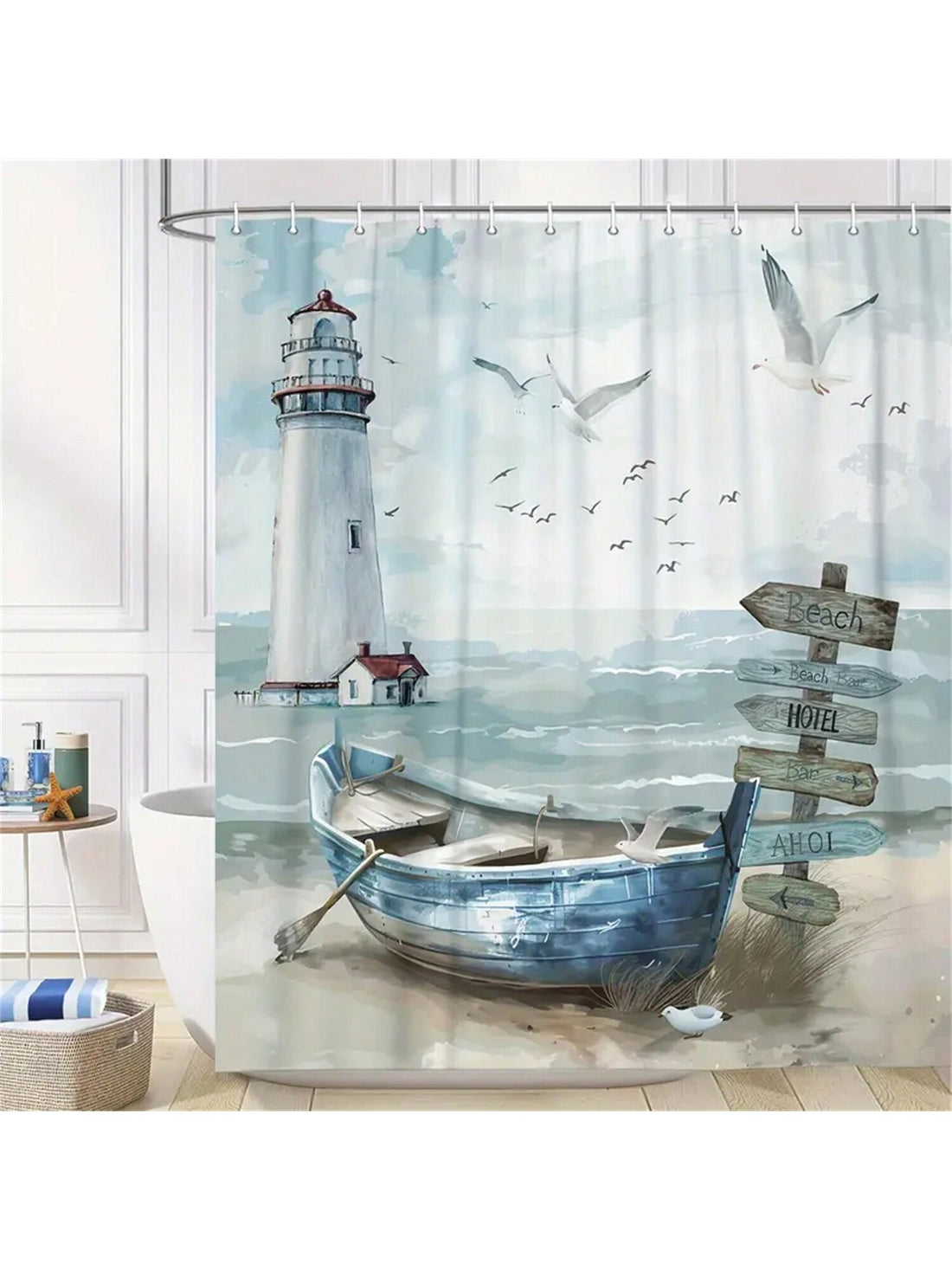 Transform your bathroom into a coastal oasis with our Coastal Charm Shower Curtain Set! Featuring a serene Ocean Breeze & Lighthouse design, this set is not only stylish but also waterproof and easy to hang with included hooks. Upgrade your bathroom decor and bring a touch of the beach to every shower.