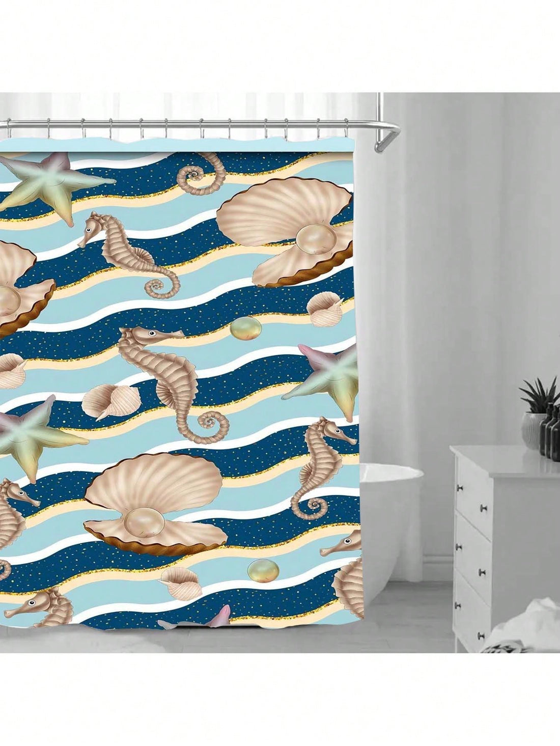 Enhance your bathroom with our Coastal Charm shower curtain, crafted from waterproof satin for a stylish and functional design. Featuring seashell accents, this curtain adds a touch of whimsy to your space. Upgrade your bathroom decor today!