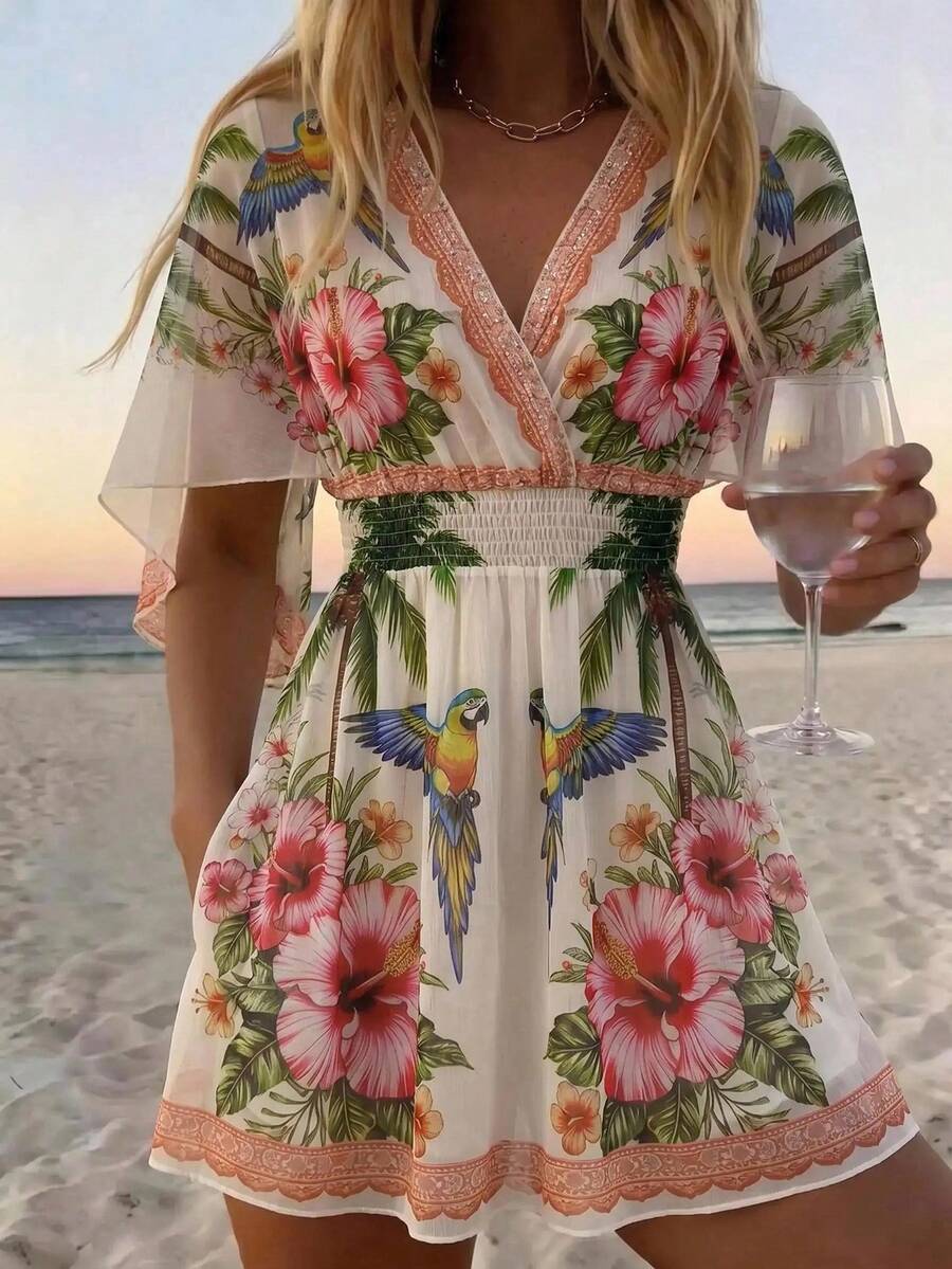 Tropical floral beach cover up dress with parrots and hibiscus