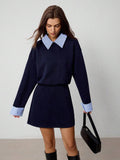 Front view of royal blue long sleeve mini dress with striped pointed collar and cuffs