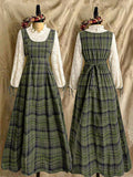 Front and back views of green plaid A-line dress with ivory lace sleeves and waist tie