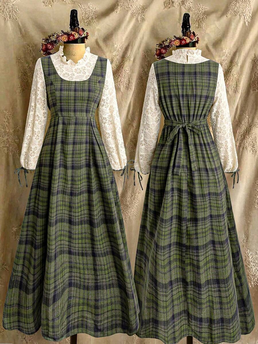 Front and back views of green plaid A-line dress with ivory lace sleeves and waist tie