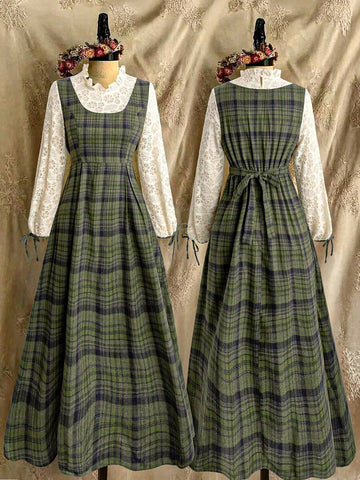 Front and back views of green plaid A-line dress with ivory lace sleeves and waist tie