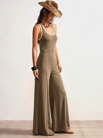 Front view of taupe-brown sleeveless wide-leg knit jumpsuit
