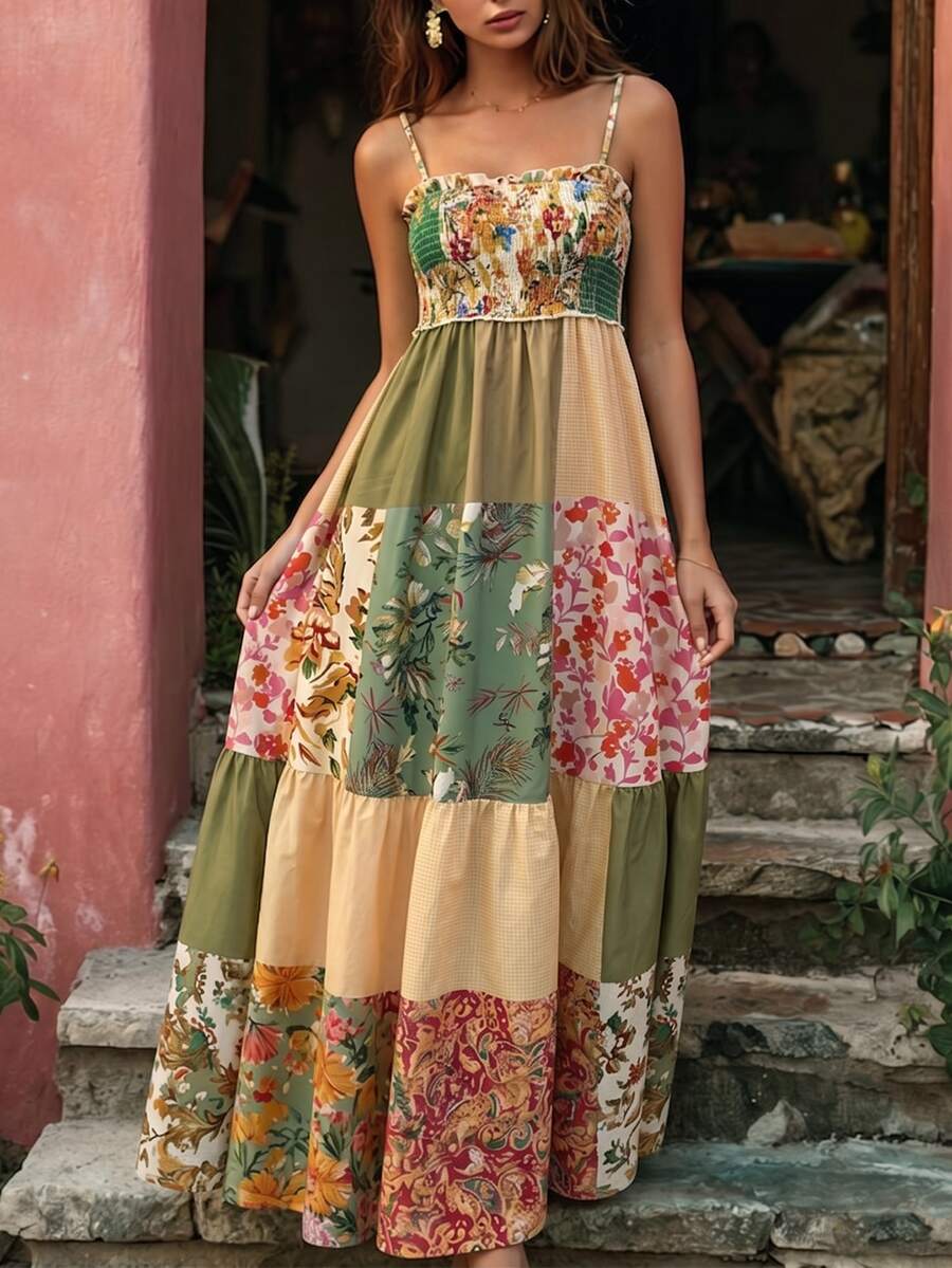 Colorblock Floral Print Maxi Cami Dress – Stylish Woven Long Dress for Effortless Elegance 