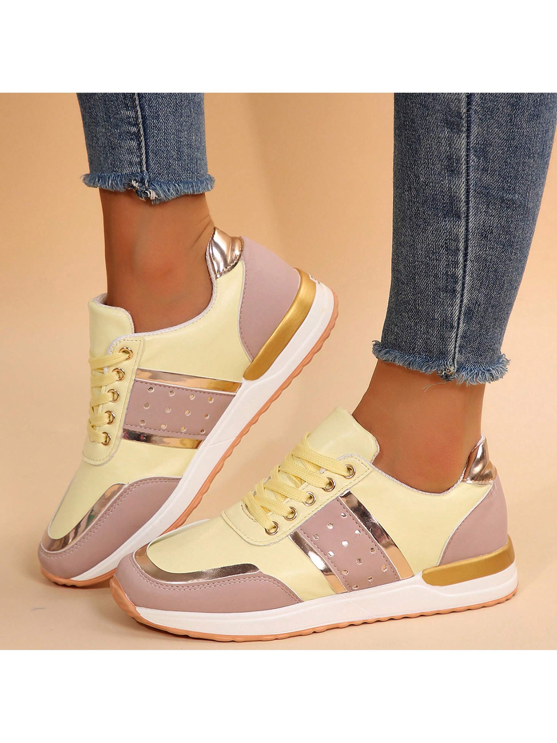 These Colorblock Platform Sneakers offer both style and support. With their slip-resistant design, you can confidently take on any terrain. Plus, the colorblock pattern adds a trendy touch to any outfit. Stay fashionable and safe with these must-have shoes.