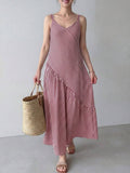 Red and white striped cami dress side view with gathered skirt