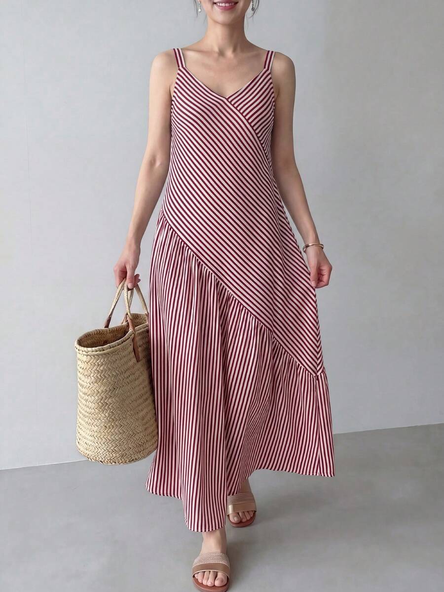 Red and white striped cami dress side view with gathered skirt
