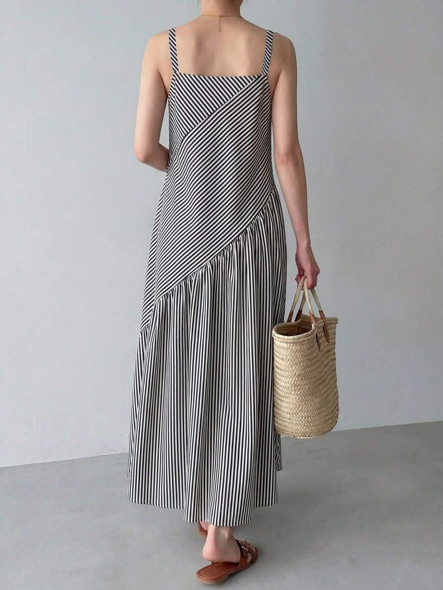 Red and white striped cami maxi dress front view with spaghetti straps