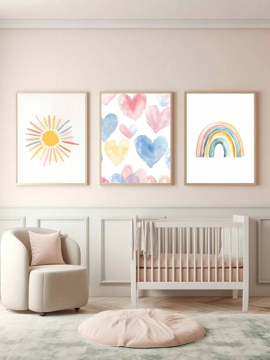 Brighten your child's room with this charming 3-piece watercolor wall art set. Featuring a cheerful sun, vibrant rainbow, and sweet heart design, each piece brings playful color and warmth to nurseries and kids' bedrooms. The soft watercolor style complements any décor while sparking imagination and joy. Perfect for creating a welcoming, creative space that grows with your child. Easy to display and ideal for adding personality to walls without clutter.