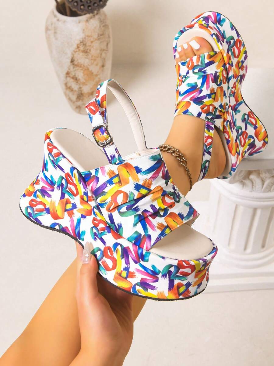 Hand-held view of multicolor platform wedge sandal with open toe and buckle strap
