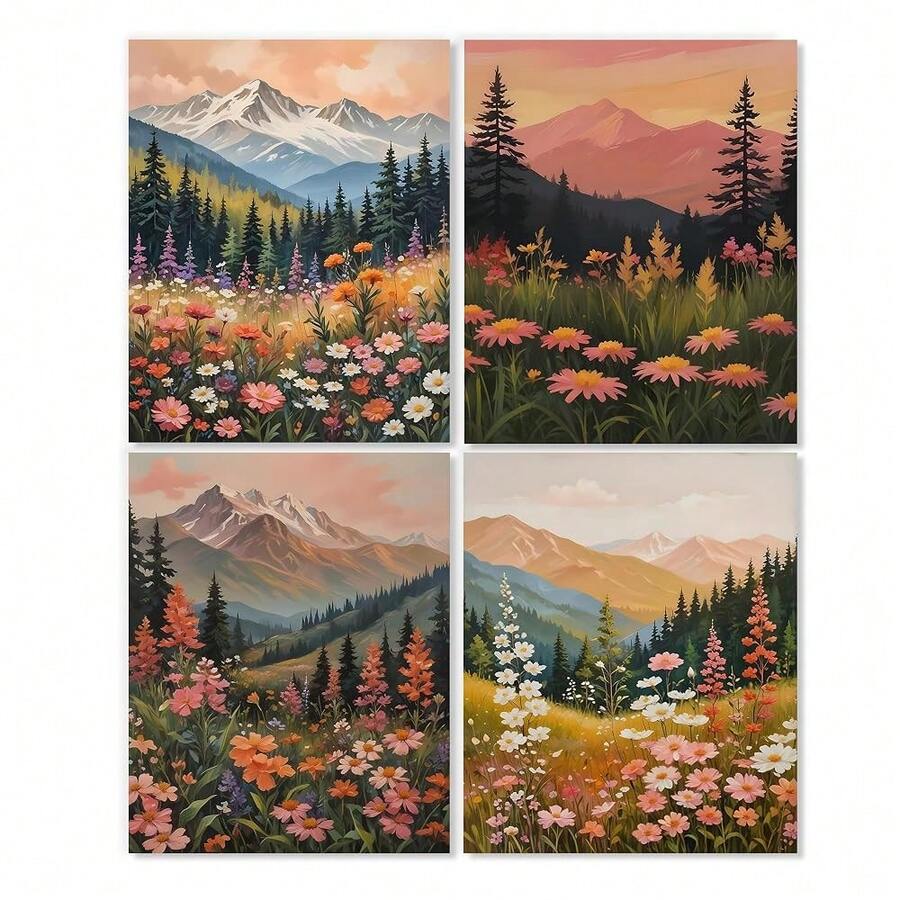 Four vertical painterly mountain meadow prints with alpine peaks, pine trees, and colorful wildflowers on white