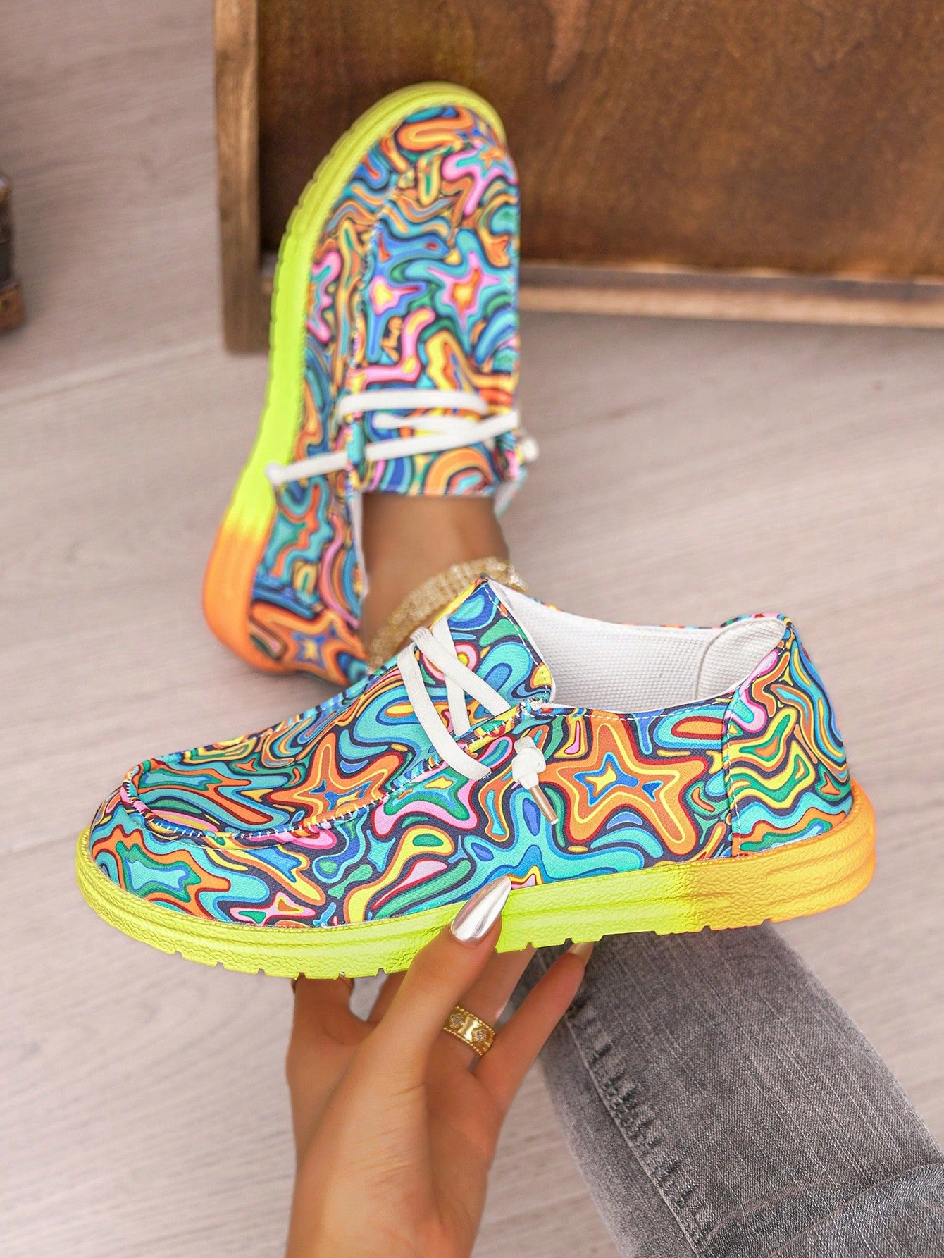 These Rainbow Lace-Up Flat Casual Shoes provide comfort and style for women attending Halloween parties. The vibrant colors and lace-up design add a touch of fun to any outfit. The perfect combination of comfort and fashion, these shoes are a must-have for your Halloween look.