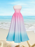 Effortlessly stand out at any tea party with the Colorful Dreams: Strapless Gradient Rainbow Tea Party Dress. The strapless design and gradient rainbow color scheme add a playful and elegant touch to your look. Say goodbye to boring and hello to effortless style.