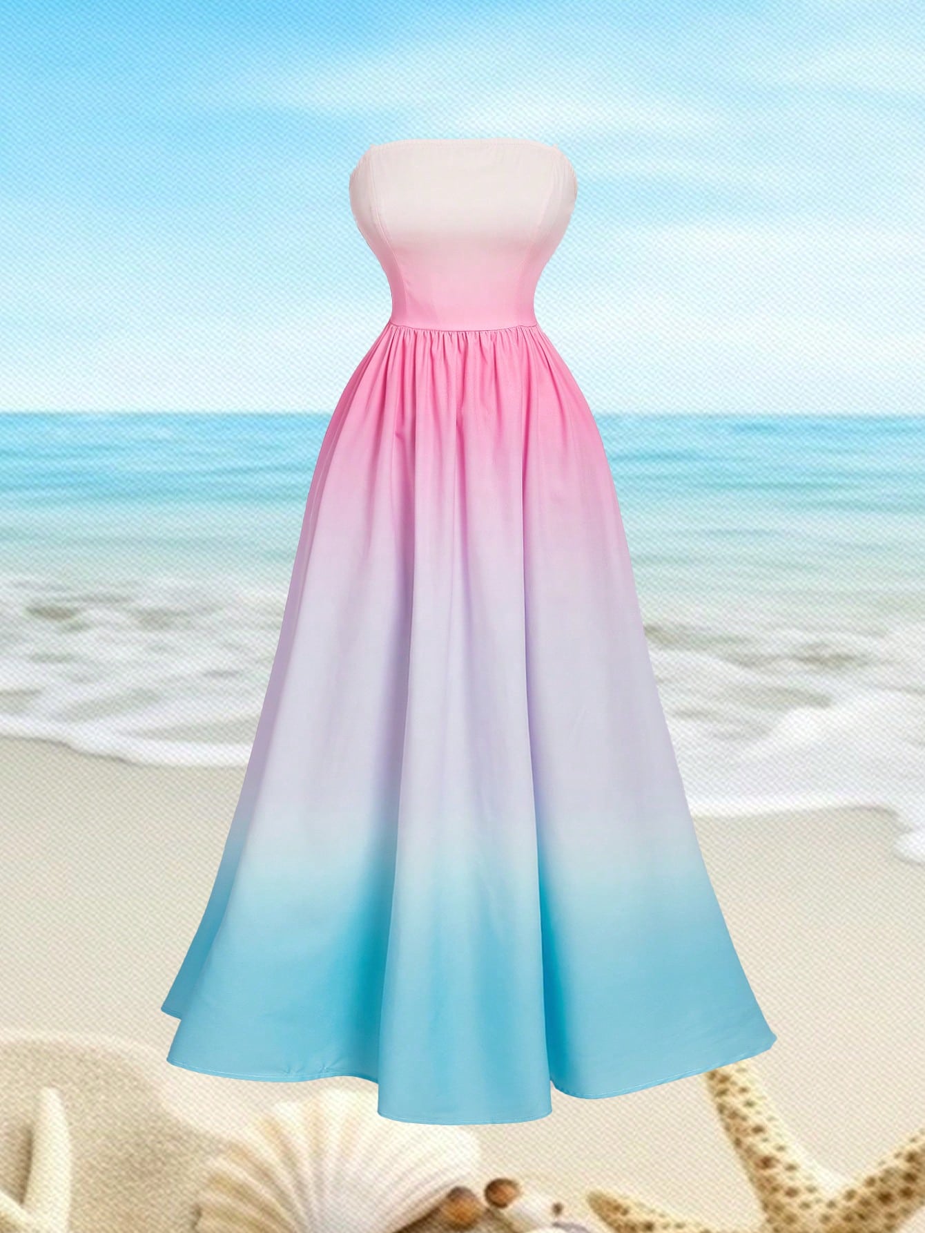 Effortlessly stand out at any tea party with the Colorful Dreams: Strapless Gradient Rainbow Tea Party Dress. The strapless design and gradient rainbow color scheme add a playful and elegant touch to your look. Say goodbye to boring and hello to effortless style.