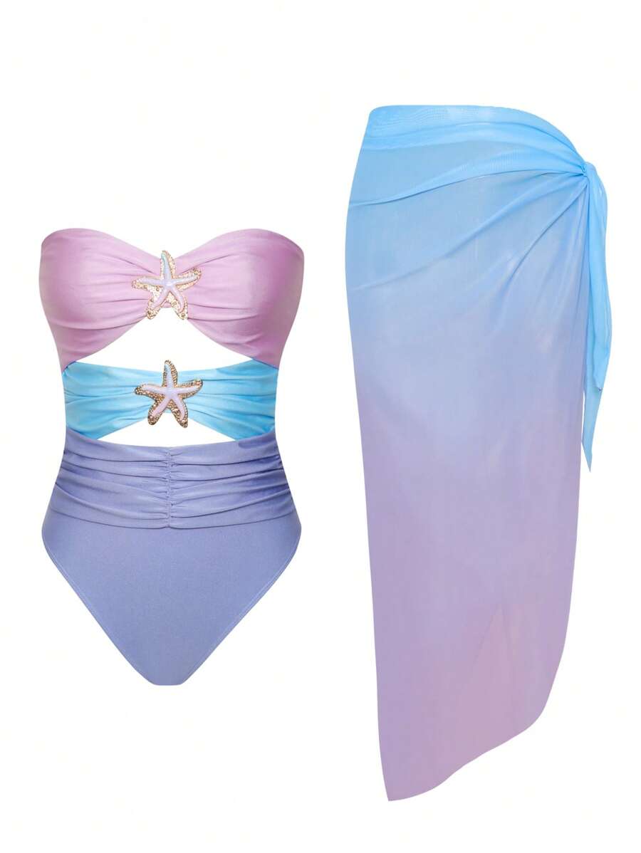 Make a splash with this vibrant one-piece swimsuit featuring a bold gradient mesh design and strategic hollow-out details. The attached skirt adds playful movement and coverage, while the colorful palette brings energy to any poolside or beach day. Flattering cut designed for comfort and confidence. Perfect for swimmers who want style with substance.