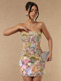 Front view of colorful floral jacquard strapless mini dress with 3D flower appliques